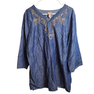 Chico's Blue Gold‎ Floral Embroidered Cotton Lyocell Wide 3/4 Sleeve Tunic Sz 12